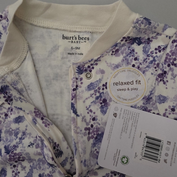 NWT Burt's Bees - Baby One Piece Sleep & Play - Wisteria - Purple/White 6-9M - Picture 3 of 5